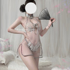 【朦眬夜色】挂脖蕾丝透视网纱刺绣旗袍